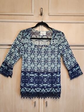 INC Beach Women's Blue Patterned Scoop Neck Sheer Top with Pom Trim Sz M